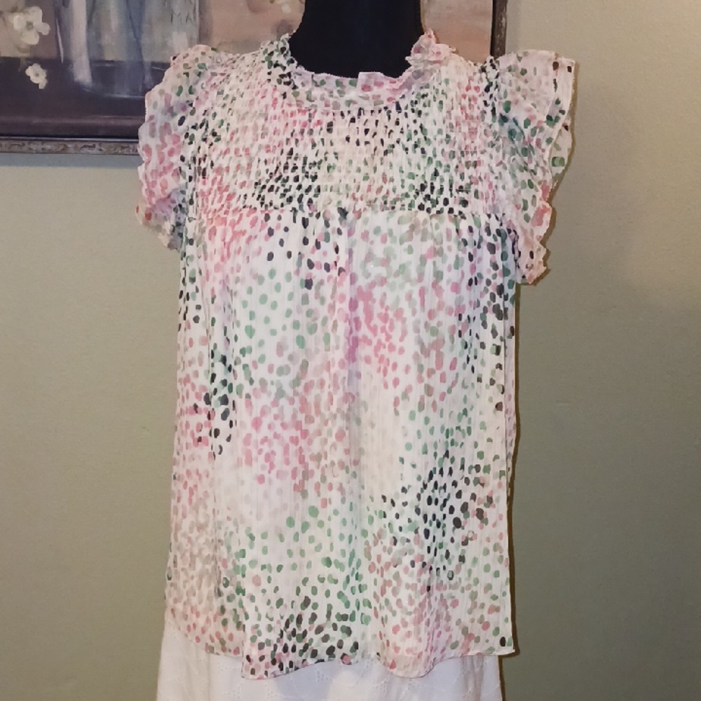 DKNY Pink & Mint Dot Smocked Flutter Sleeve Blouse